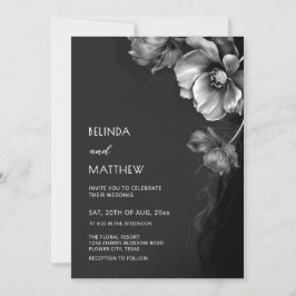 Invitación Boda de flores plateadas, negras y blancas 