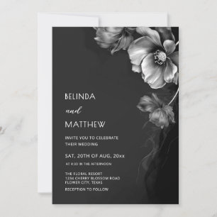 Invitación Boda de flores plateadas, negras y blancas