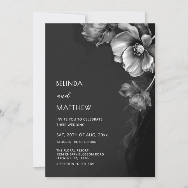 Invitación Boda de flores plateadas, negras y blancas  (Anverso)