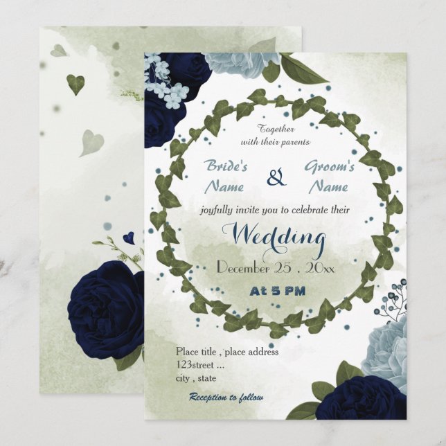 Invitación boda de flores polvorientas azules y marinas (Anverso / Reverso)