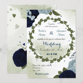 Invitación boda de flores polvorientas azules y marinas