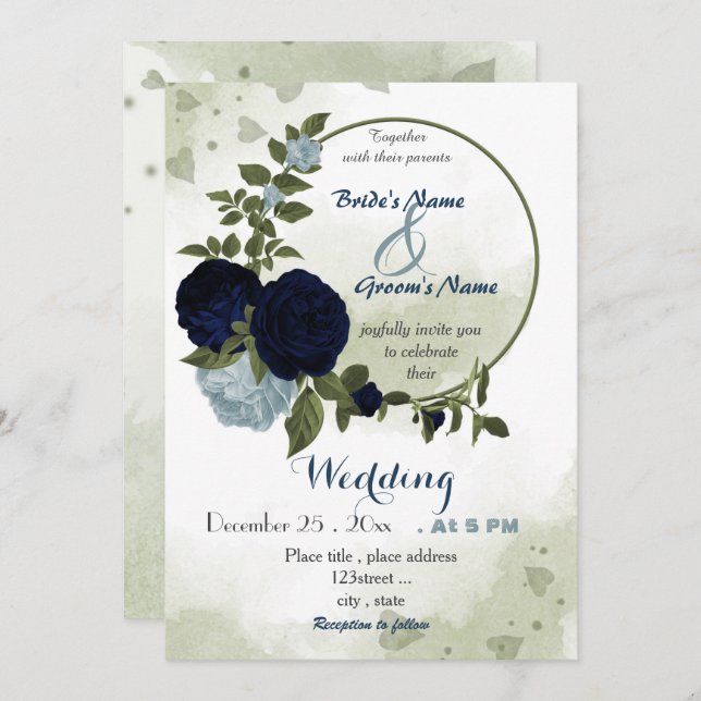 Invitación boda de flores polvorientas azules y marinas (Anverso / Reverso)