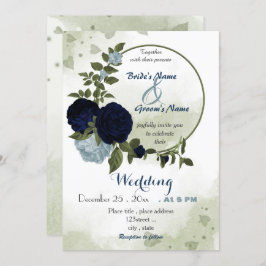 Invitación boda de flores polvorientas azules y marinas