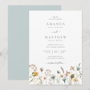 Invitación Boda de Flores Prensadas con Acuarela Azul Delicad
