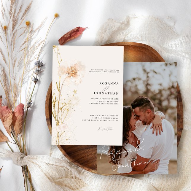 Invitación Boda de Flores Prensadas Románticas de Oro y Rubor (Subido por el creador)