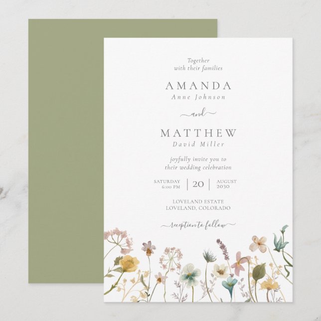 Invitación Boda De Flores Presionadas De Agua De Sabor Delica (Anverso / Reverso)