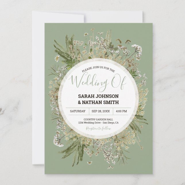 Invitación Boda de Flores Presionadas Rustic Sage Green Faux (Anverso)