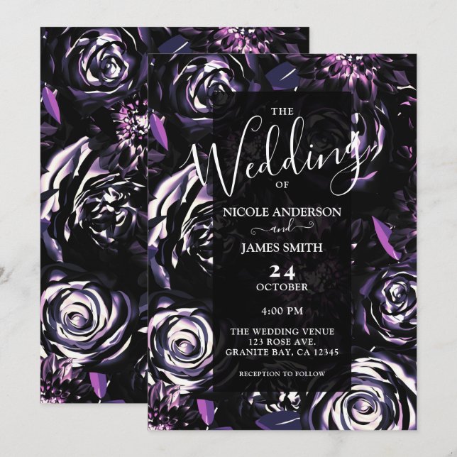 Invitación Boda de Flores Púrpura en un jardín oscuro (Anverso / Reverso)