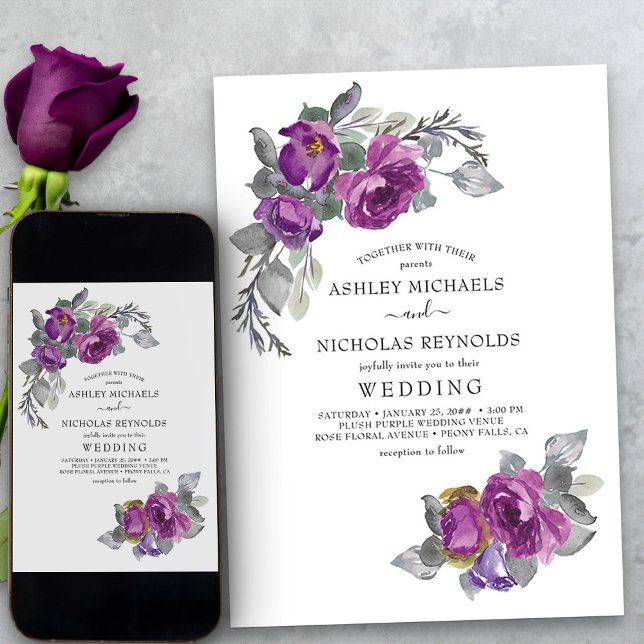Invitación Boda de Flores Púrpura Florales Sencillas y Elegan (Simple purple floral wedding invitation from my Plush Purple Wedding Collection)