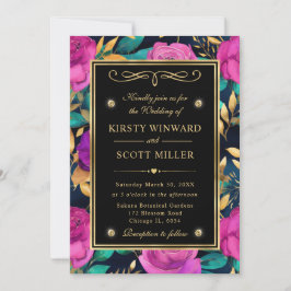 Invitación Boda de flores púrpura y azul turquesa acuarela
