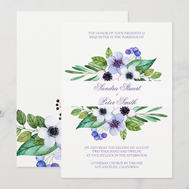 Invitación Boda De Flores Púrpura Y Rosa (Anverso / Reverso)