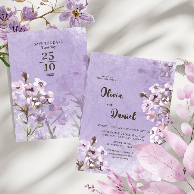 Invitación Boda de flores púrpuras rústicas modernas (Subido por el creador)