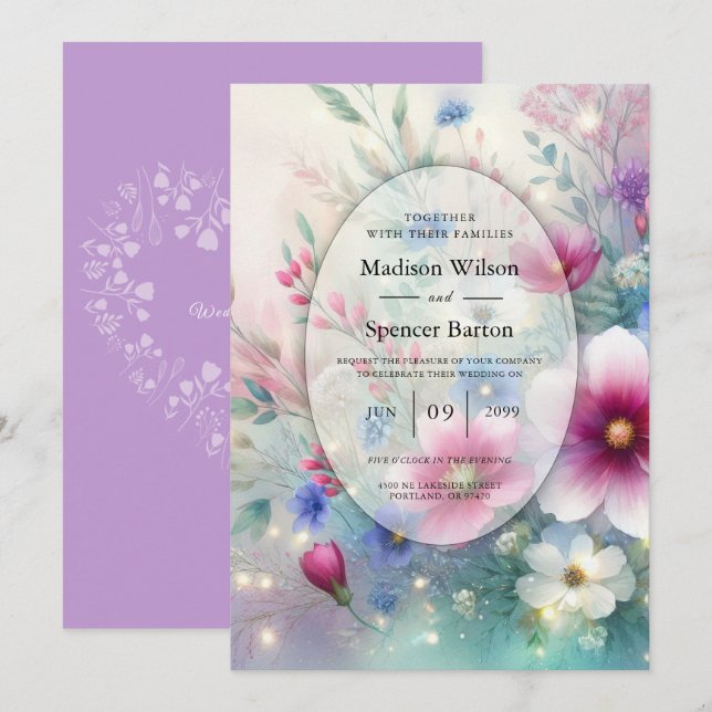 Invitación Boda de flores radiantes y brillantes de primavera (Anverso / Reverso)
