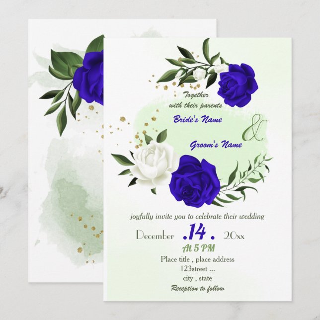 Invitación boda de flores reales azules blancas (Anverso / Reverso)