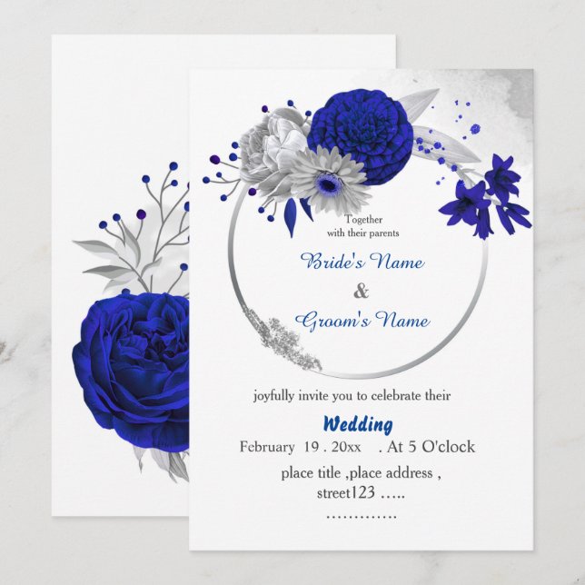Invitación boda de flores reales azules plateadas floral flor (Anverso / Reverso)