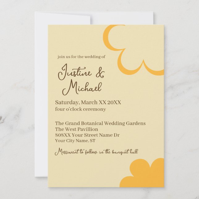 Invitación Boda de flores retro amarillas y Naranjas (Anverso)