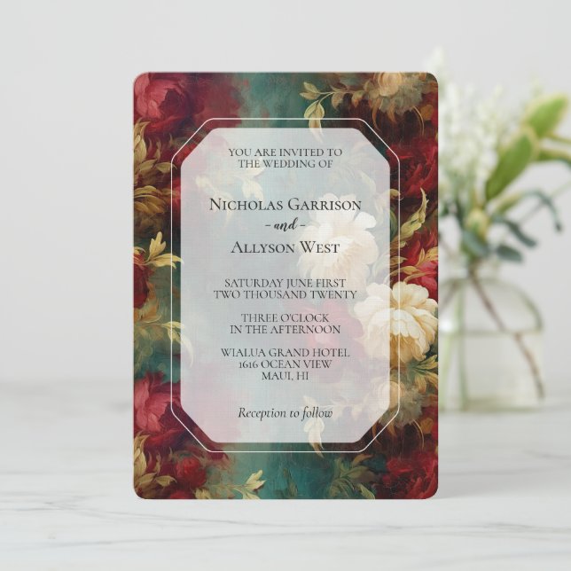 Invitación Boda de flores rojas blancas rojas (Anverso de pie)