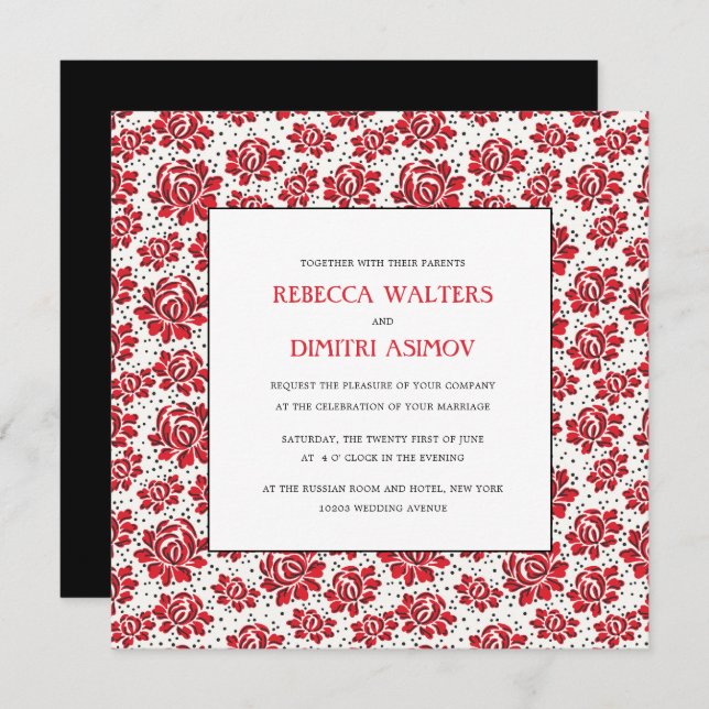 Invitación Boda de flores rojas de arte folclórico ruso Invit (Anverso / Reverso)