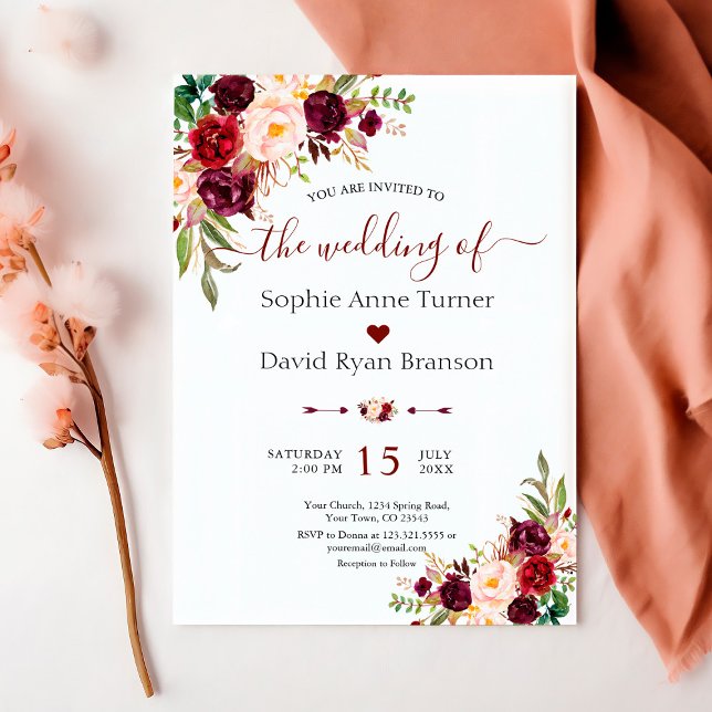 Invitación Boda de Flores Rojas de Borgoña (Subido por el creador)