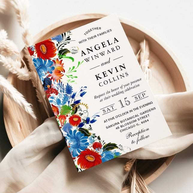 Invitación Boda de flores rojas y azules acuarela (Subido por el creador)