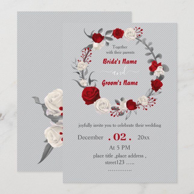 Invitación boda de flores rojas y blancas (Anverso / Reverso)