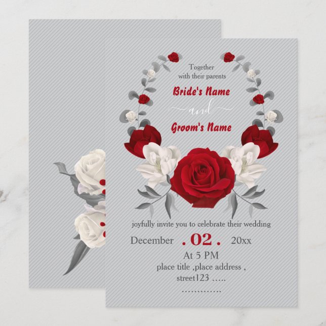 Invitación boda de flores rojas y blancas (Anverso / Reverso)