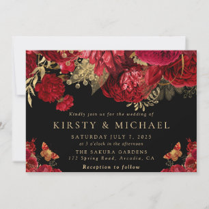 Invitación Boda de flores rojas y doradas acuarela