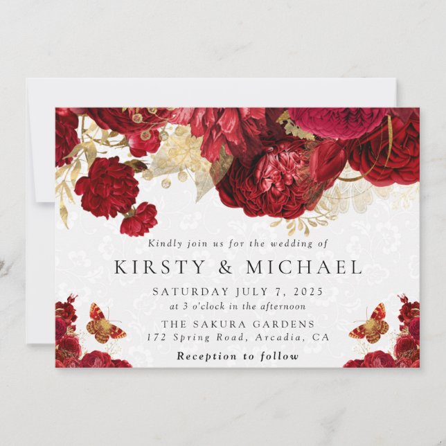 Invitación Boda de flores rojas y doradas en acuarela (Anverso)