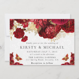 Invitación Boda de flores rojas y doradas en acuarela
