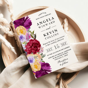 Invitación Boda de flores rojas y púrpura acuarela