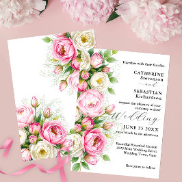 Invitación Boda de Flores Románticas de Peones Blancos y Rosa