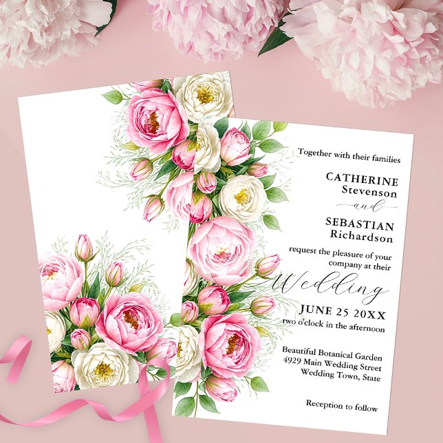 Invitación Boda de Flores Románticas de Peones Blancos y Rosa (Subido por el creador)