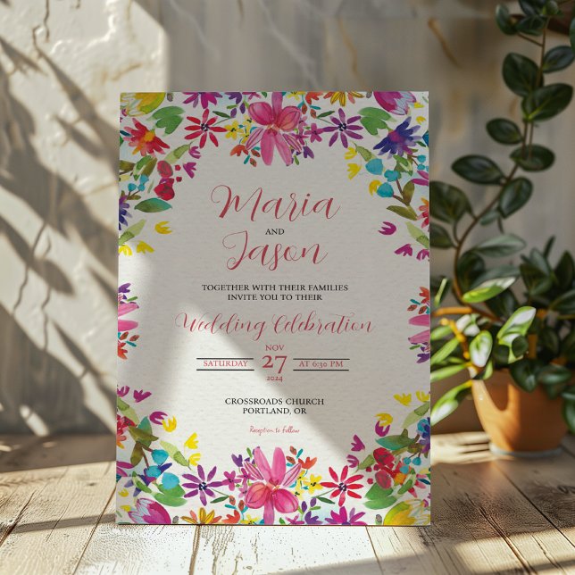 Invitación Boda de Flores Románticas Florales de Acuarela Mex (Mexican Watercolor Floral Romantic Flowers Wedding Invitation)