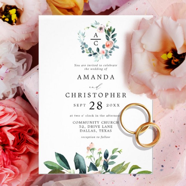 Invitación Boda de flores románticas rosadas monogramadas de  (Subido por el creador)