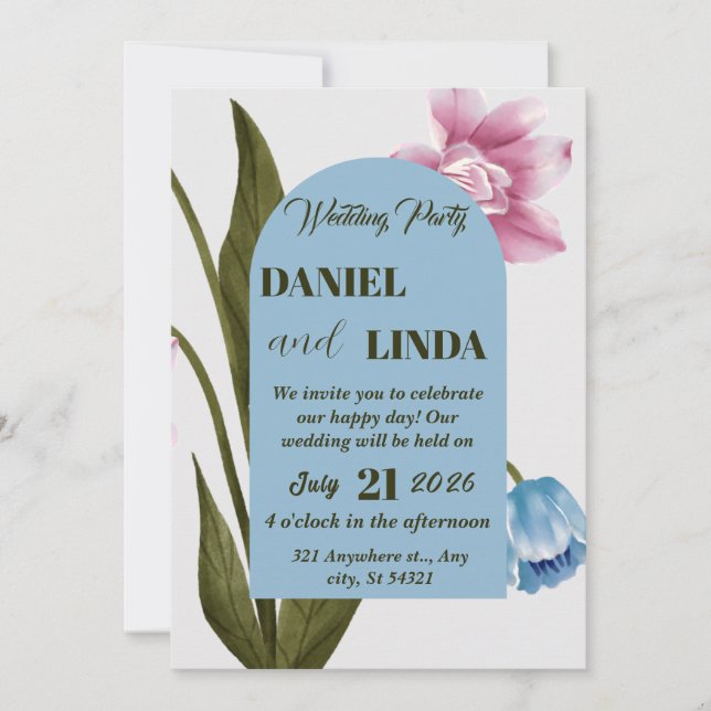 Invitación Boda de flores rosa, azul acuarela, hojas verdes (Anverso)
