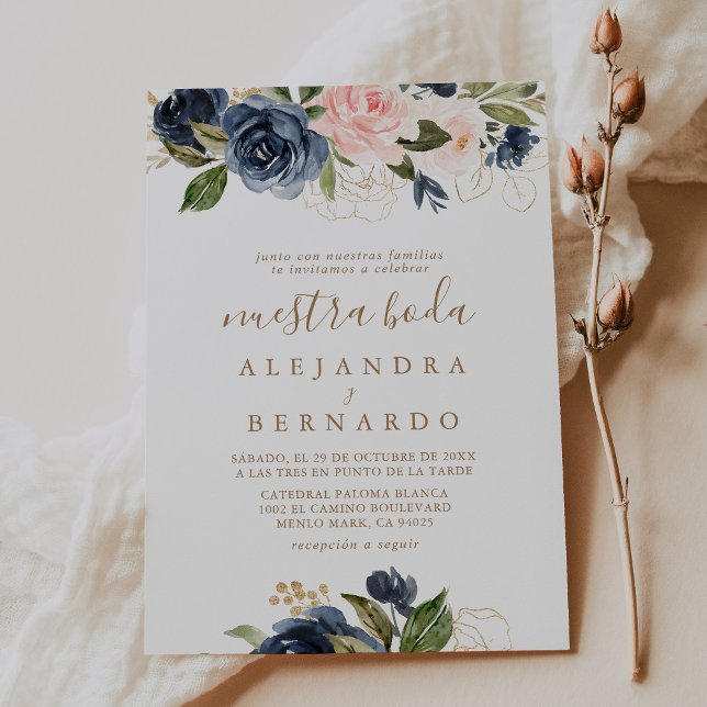 Invitación Boda de Flores Rosa Azul Dorado Nuestra Boda (Subido por el creador)
