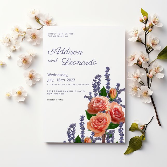 Invitación Boda de flores rosa de durazno lavender botánico (Botanic lavender peach rose flowers wedding)