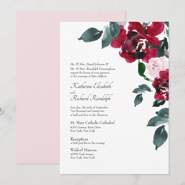 Invitación Boda de flores rosa rosa rosa rosa rosado elegante (Anverso / Reverso)