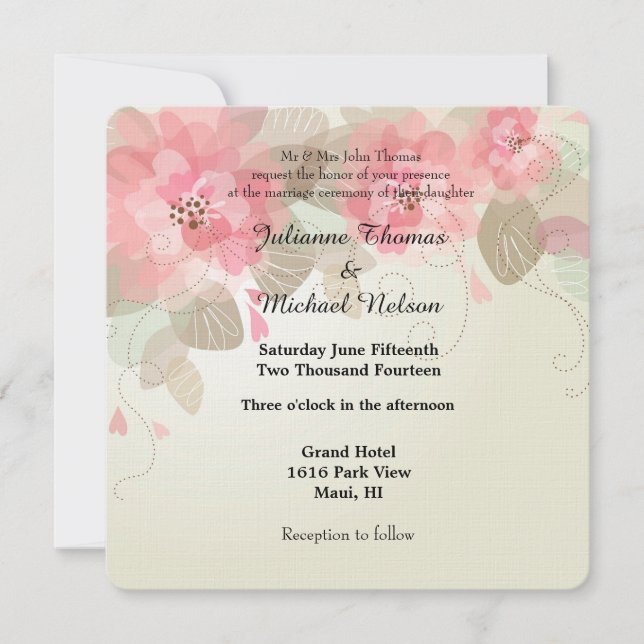 Invitación Boda de flores rosadas (Anverso)