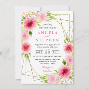 Invitación Boda de flores rosadas acuarela marco dorado