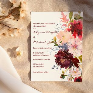 Invitación Boda de flores rosadas burdeos doradas