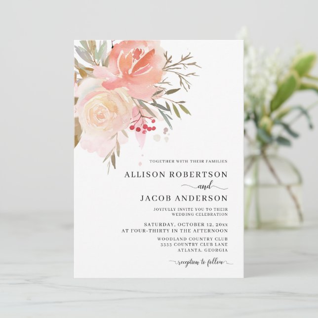 Invitación Boda de flores rosadas Chic Watercolor (Anverso de pie)