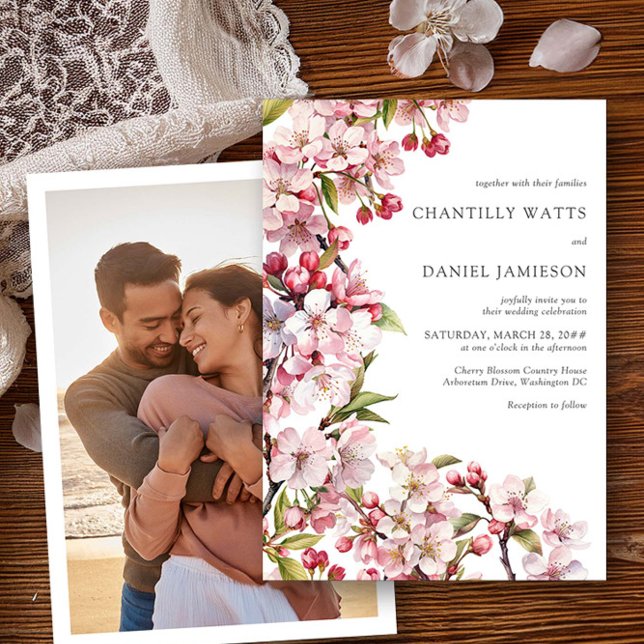 Invitación Boda de flores rosadas de cerezo (Photo wedding invitation from the Cherry Blossom Wedding Collection by Darling & May)