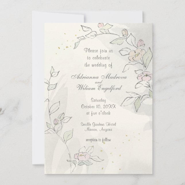Invitación Boda de flores rosadas de esbozo de lápiz (Anverso)