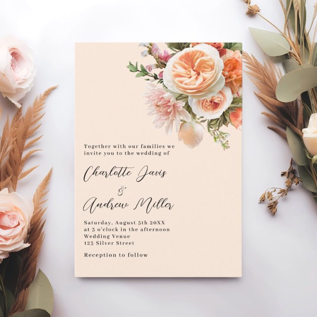 Invitación boda de flores rosadas de melocotón naranja (Subido por el creador)