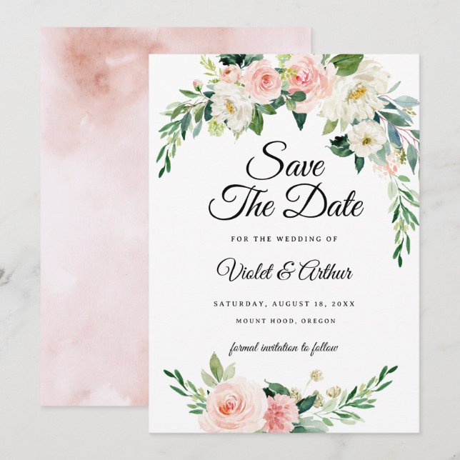 Invitación Boda de flores rosadas de Rubor Guardar la fecha (Anverso / Reverso)
