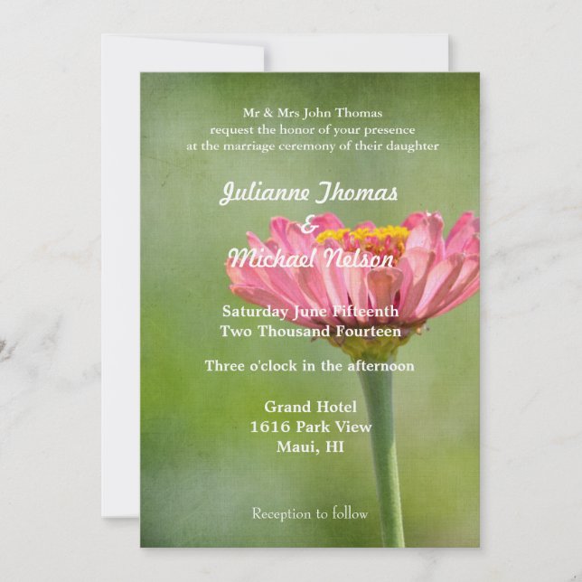 Invitación Boda de flores rosadas de Zinnia (Anverso)
