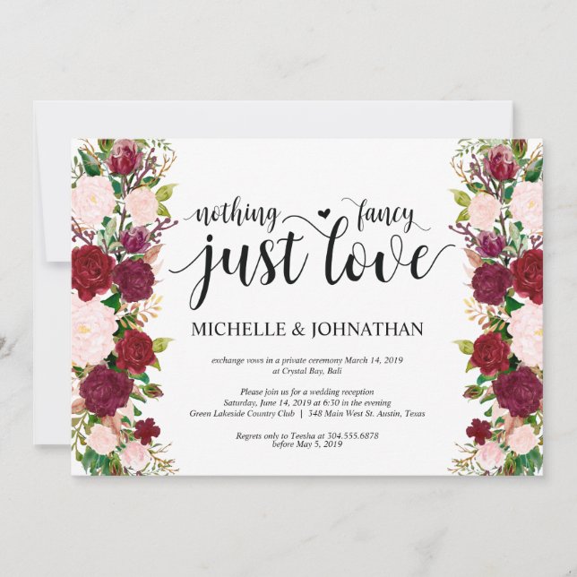 Invitación Boda de flores rosadas Marsala Elopement Recepción (Anverso)