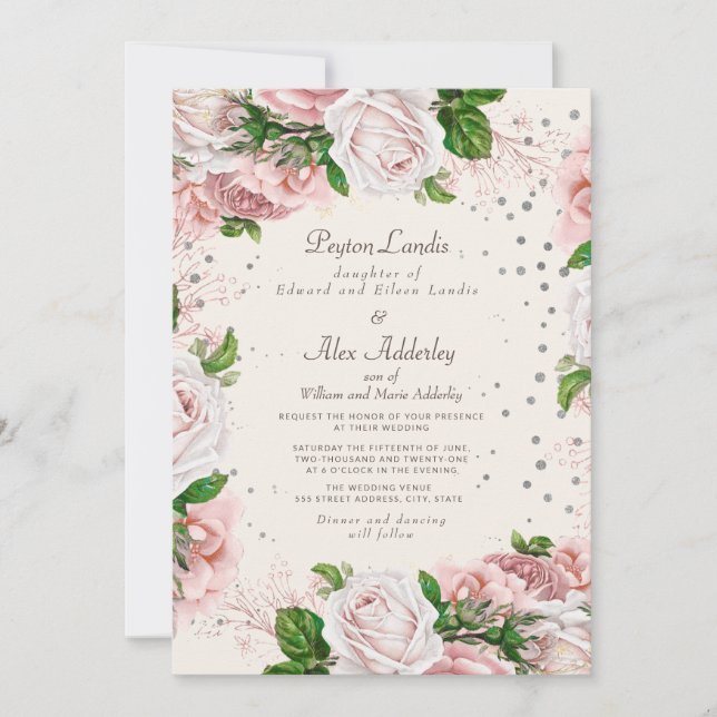Invitación Boda de flores rosadas polvorientas con brillo pla (Anverso)