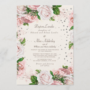 Invitación Boda de flores rosadas polvorientas con brillo pla